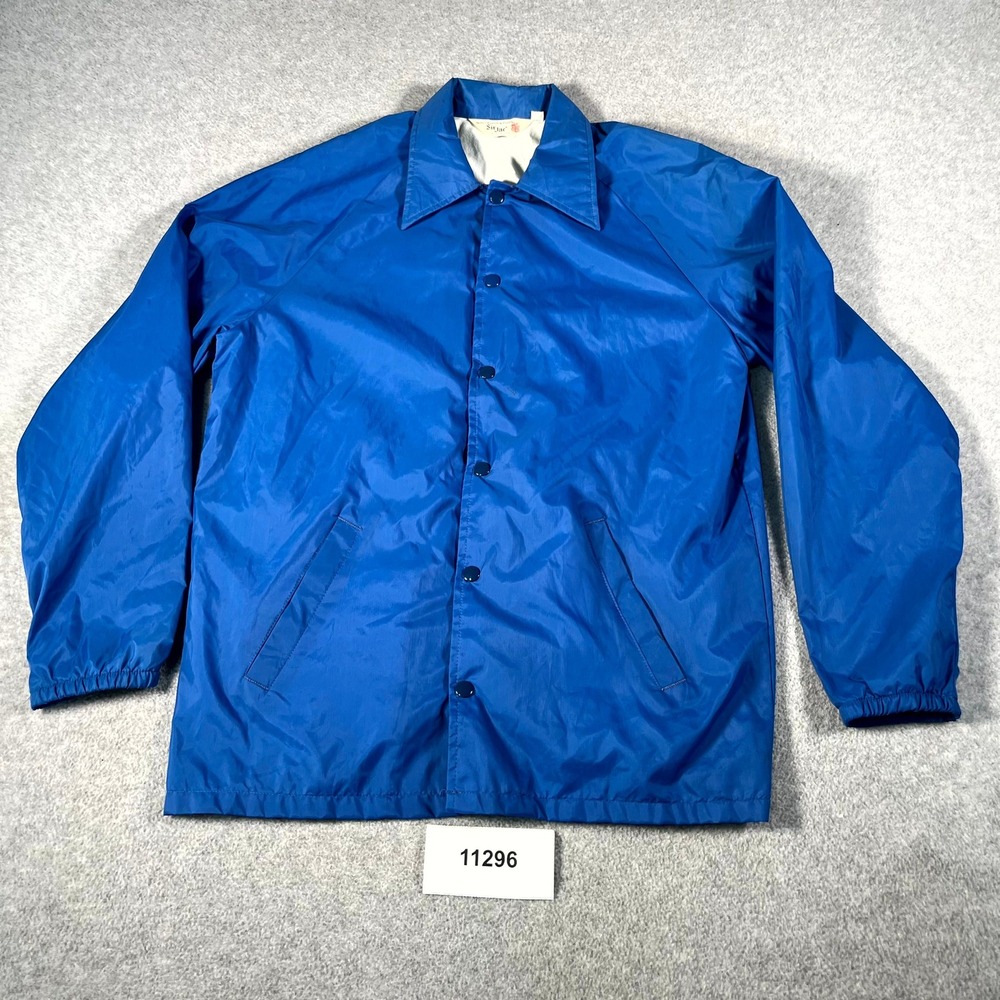 Vintage Sir Jac Windbreaker Coach Jacket Mens Medium Blue Nylon Collared Snap Up